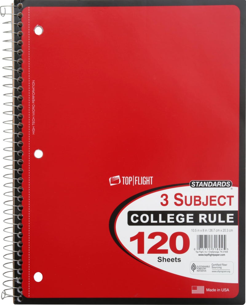 Top Flight Standards 3-Subject Wirebound Notebook, 120 Sheets, 3-Hole Punched, College Rule, 10.5 x 8 Inches, 1 Notebook, Color May Vary (31804)